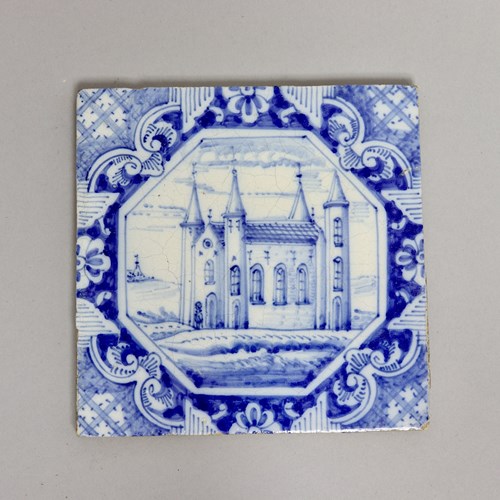 Dutch Delft Tile Painted With A Church