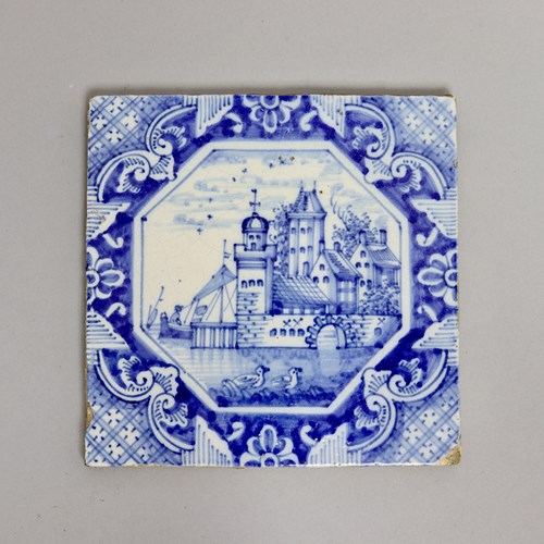 Delft Tile Painted With Buildings At A Quayside