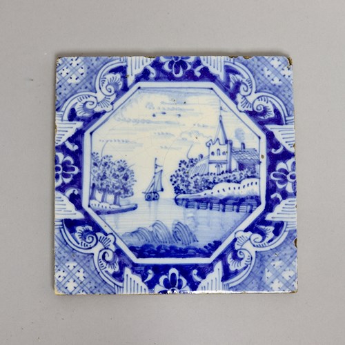 Delft Tile Painted With A Church At The Waterside
