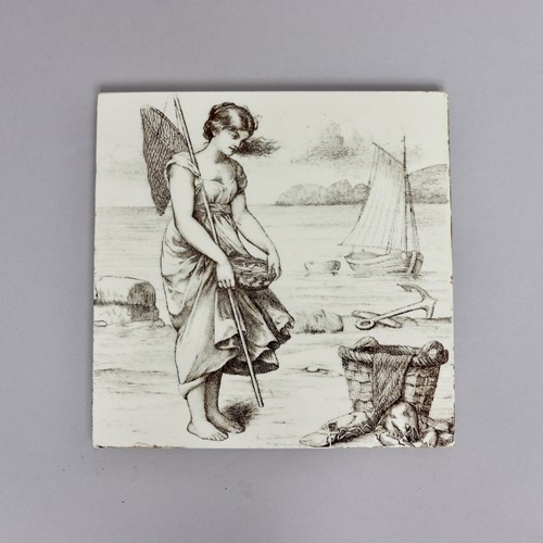 Minton Tile Printed With A Woman By The Sea Shore