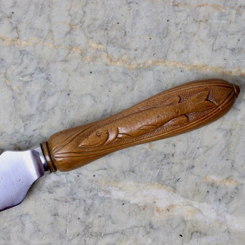 Unusual Bread Knife With Fish Carved Handle