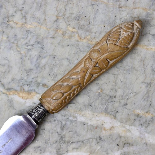 Lovely Quality Bread Knife With Carved Wooden Handle