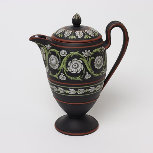 Rare, Wedgwood, Encaustic Decorated Basalt Coffee Pot