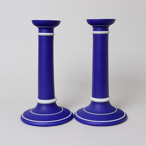 Pair Of Large Wedgwood Blue Jasper Candlesticks