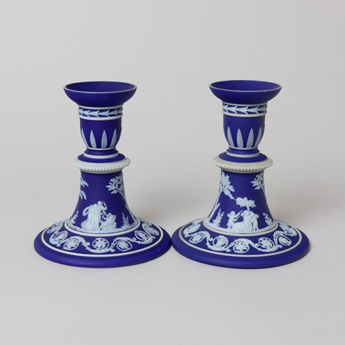 Pair Of Wedgwood Dark Blue Jasper Candlesticks