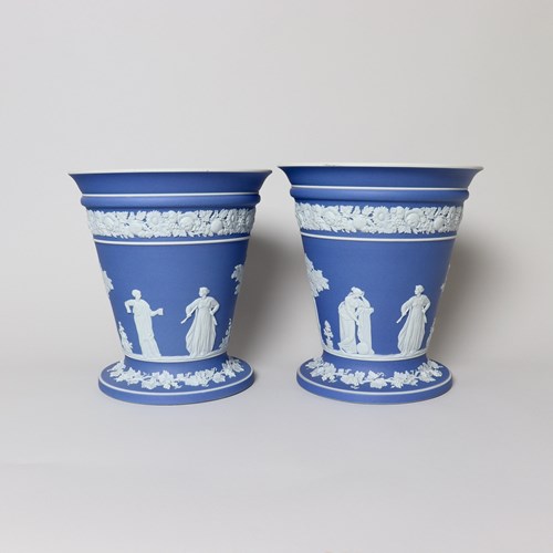 Pair Of Large Wedgwood Dark Blue Jasper Bough Pots