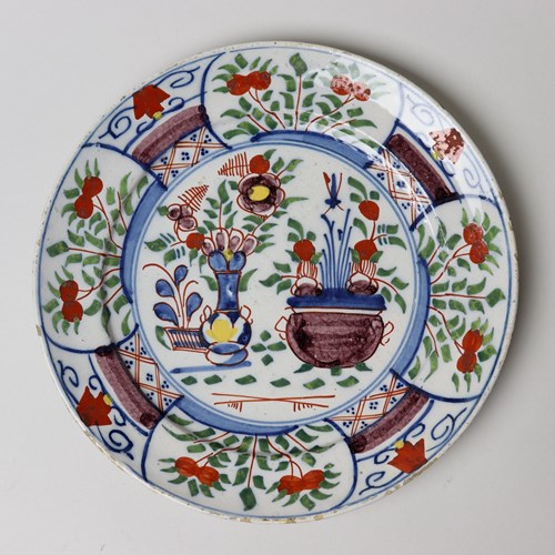 Polychrome Delft Plate Decorated With Potted Plants