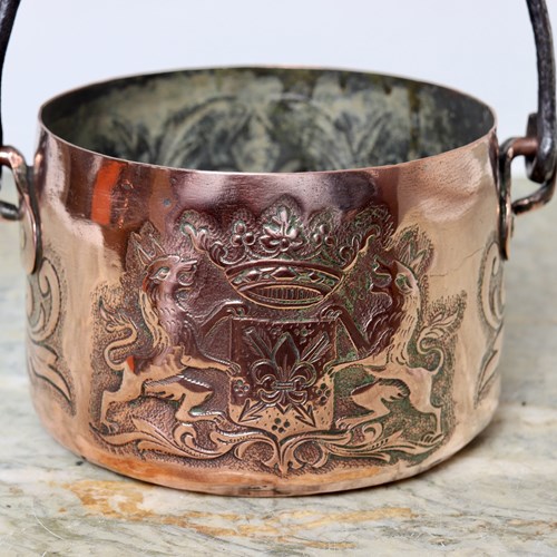 Copper Hanging Pot Embossed With A Family Crest