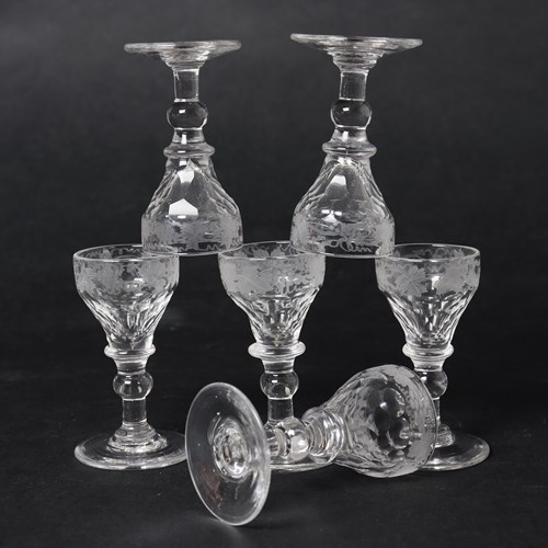 Set Of Six Engraved, English Crystal Liqueur Glasses