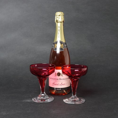 Pair Of Cranberry Crystal, Hollow Stem Champagne Coupes