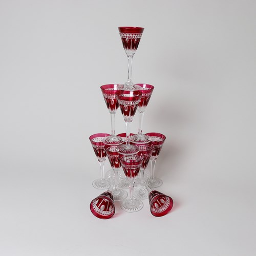 Set Of Twelve Ruby Overlay, Crystal Glasses
