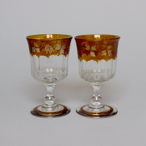 Pair Of French Crystal, Amber Overlay Glasses