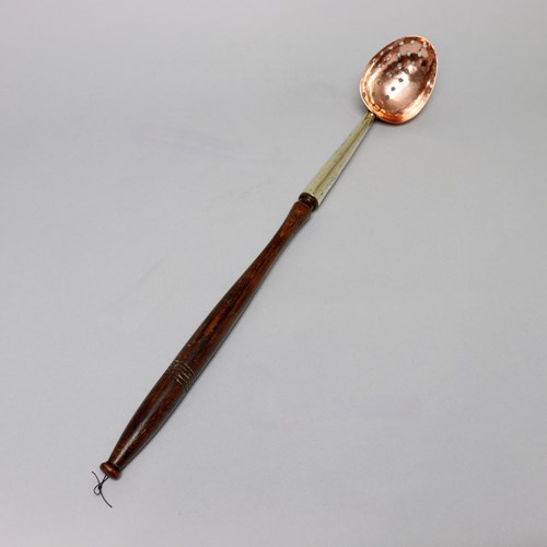 English Copper Straining Spoon With Turned Wood Handle