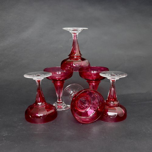 Set Of Six French, Ruby Crystal, Hollow Stem Champagne Coupes