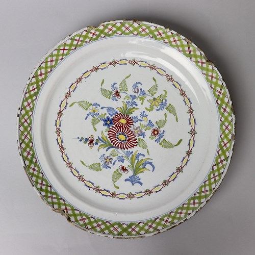 Polychrome Dutch Delft Charger Painted With Flowers