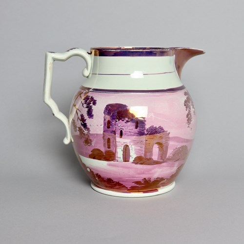 Pink Lustre Jug Painted With A Continuous Landscape