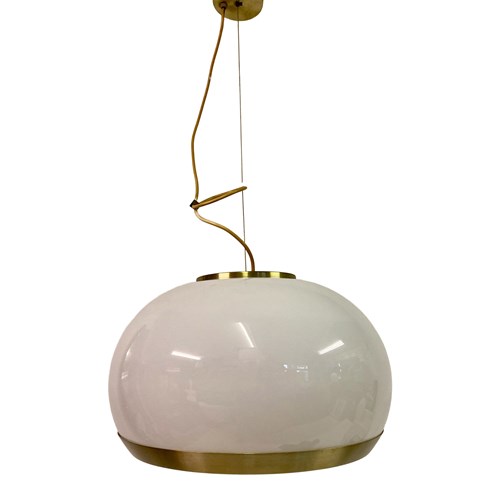 1960S Italian Brushed Brass And White Glass Pendant