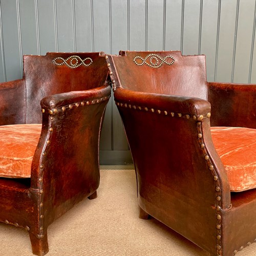 Pair Of French Leather Armchairs