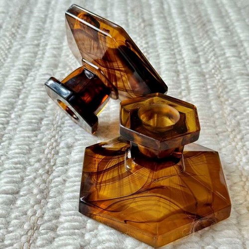 Pair Art Deco amber marbled glass candlesticks