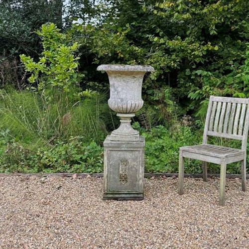 Patinated Simple Urn and Pedestal