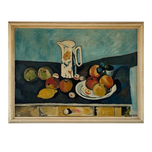 Mid-Century, French Still Life Painting, Apples And Jug.