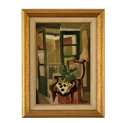 1955, French Oil Painting, Cubist Interior