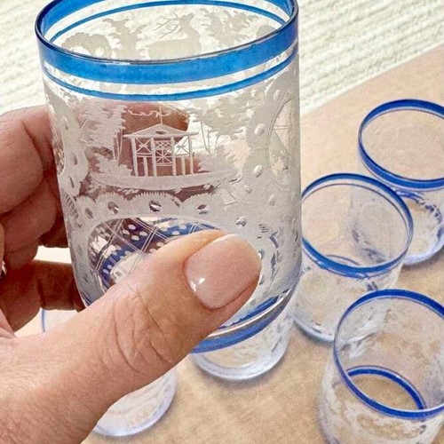 9 Art Deco hand etched tumblers C1920s