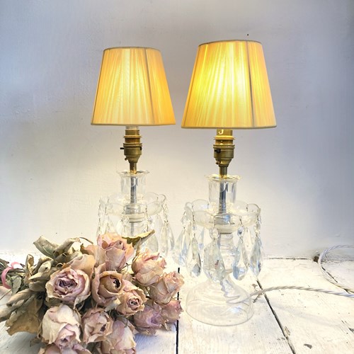 Pair Of Vintage Glass & Crystal Table Lamps