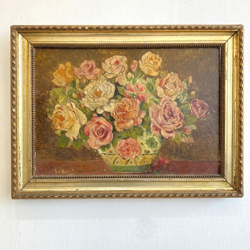 Old French Framed Floral Oil On Board