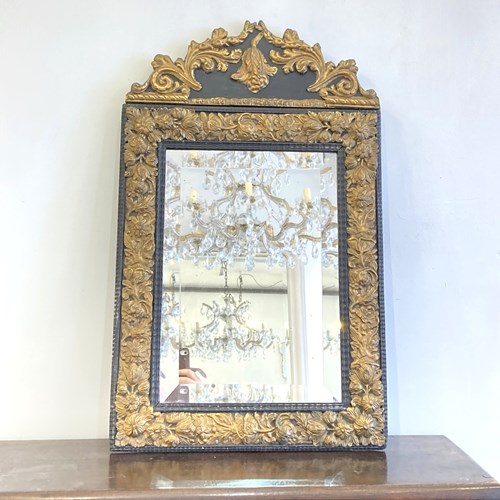 Antique French Embossed Brass & Ebonised Mirror