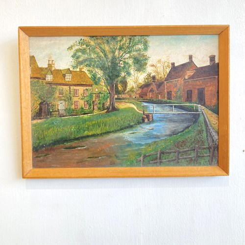 Mid-Century Oil Painting Of Lower Slaughter, Gloucestershire