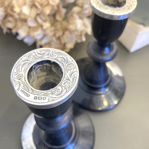 Pair Of Antique Ebony & Sterling Candlesticks