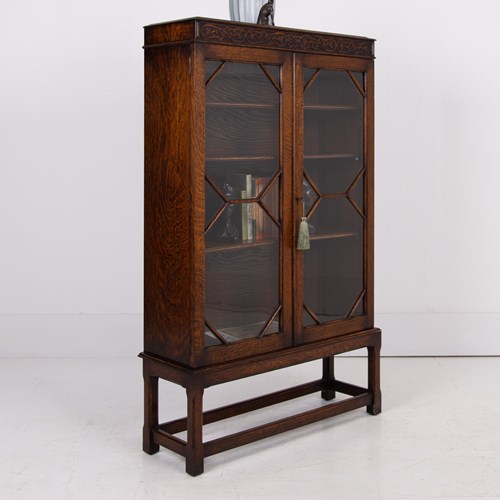 Attractive English Oak Glazed Bookcase Cabinet C1920