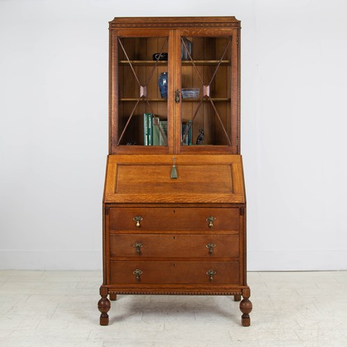 Quality 1920S Oak Glazed Bookcase Bureau With Drawers