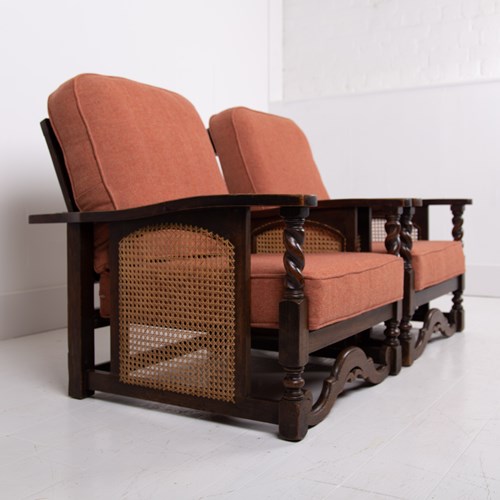  Pair Of Oak Framed Armchairs New Cushions C1920