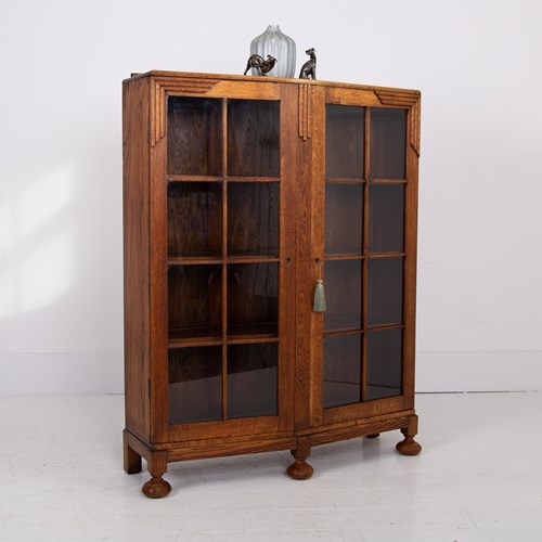 English Oak Glazed Bookcase Cabinet C1930
