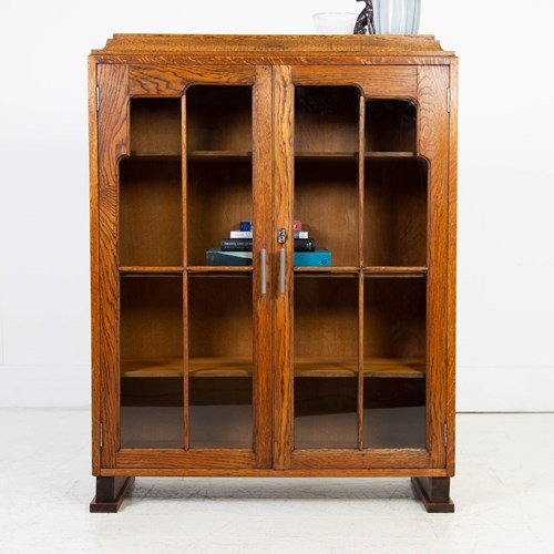 1930S English Oak Glazed Bookcase Cabinet