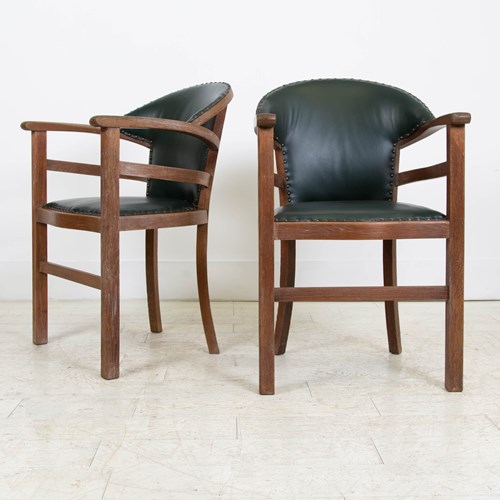 1930S Art Deco Limed Oak And Leather Occasional Chair X2