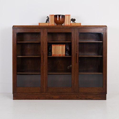 Large Oak Glazed School Cabinet Bookcase C1930