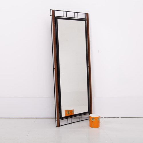 Mid Century Teak And Black Steel Wall Mirror