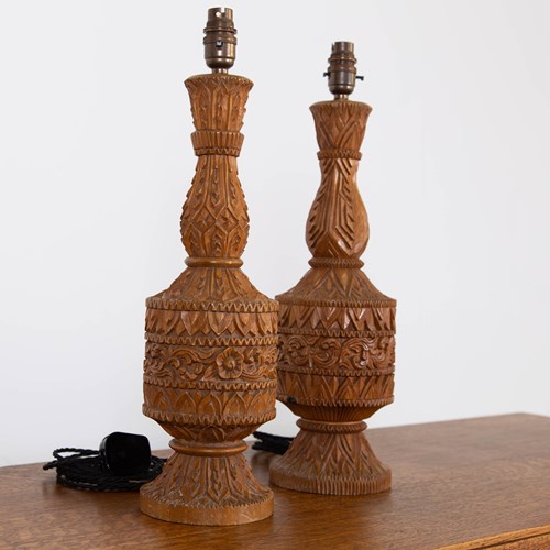 Decorative Pair Of Well Sized Mid Century Carved Table Lamps