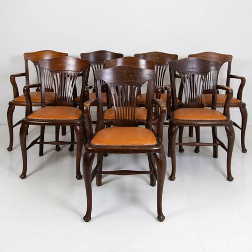 8 Oak & Leather Armchairs Carvers From Fort Dunlop C1920s