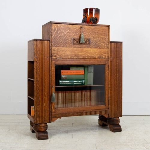 English Oak Art Deco Bureau Cabinet C1930