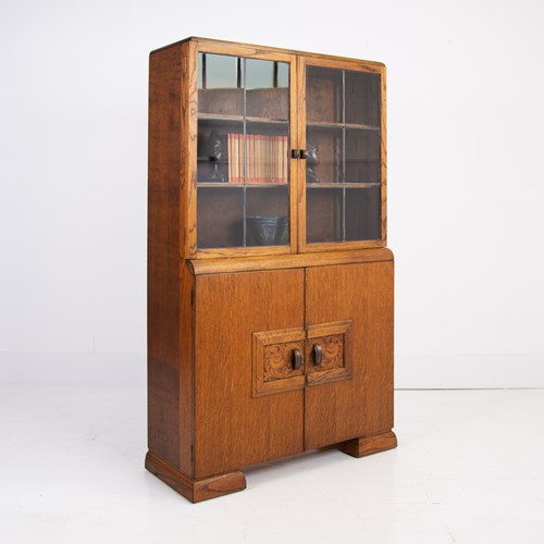1930S Oak Art Deco Part Glazed Cabinet Bookcase