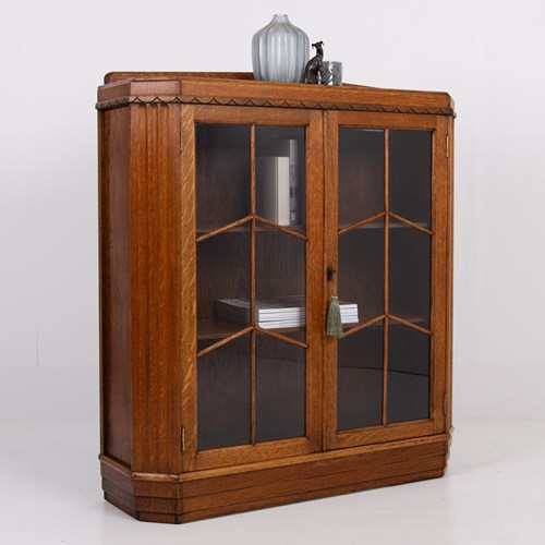 Art Deco Golden Oak Glazed Bookcase Cabinet C1930