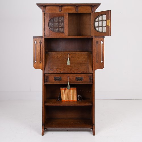 Highly Attractive Oak Arts And Crafts Bookcase Bureau C1910