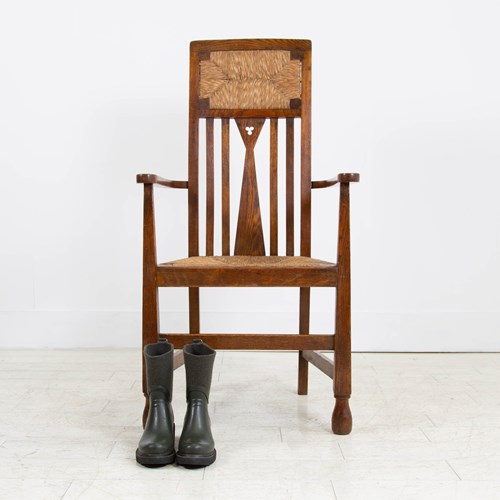 Arts And Crafts Oak And Rush Seated Hall Chair