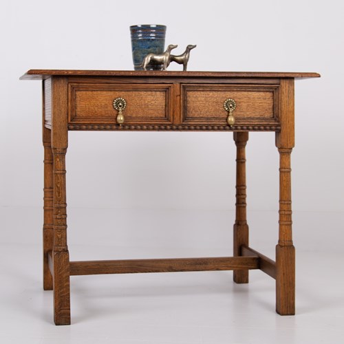 English Arts And Crafts Oak 2 Drawer Side Table C1920