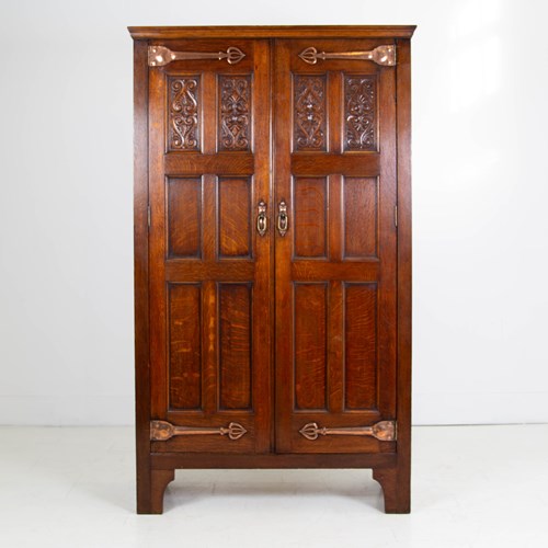 Oak Arts And Crafts Copper Hinged Hall Wardrobe C.1910