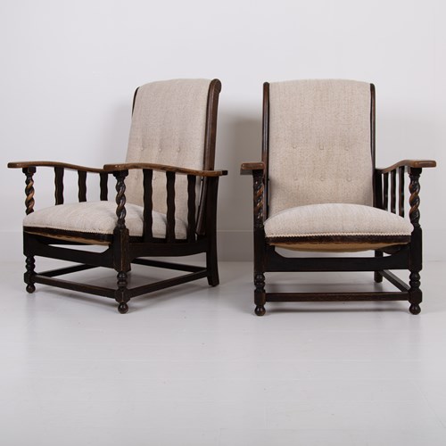 Pair Of Reclining Oak Armchairs New Upholstery C1915